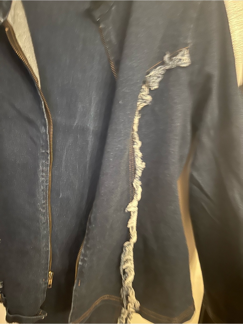 Dark Blue Denim Zip Jacket with Frayed Trim